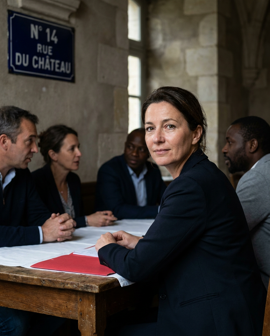 Mixed group of French and American professionals collaborating in a sunlit Château-Thierry office.