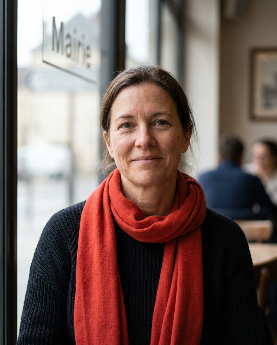 Candid headshot of an American expat in a French cafe.